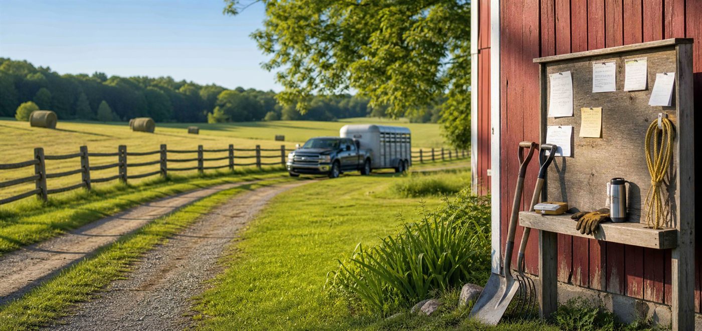A rural lane with a notice board, pickup truck, and small trailer near a barn